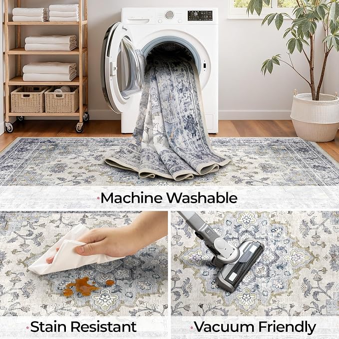 CAPALOCA Machine Washable Rugs Nursery Rug 5x8 Cute Girl Non Slip Low Pile Water Repellent Soft Print Pattern for Bedroom Indoor Decor Kids Playroom Blue White