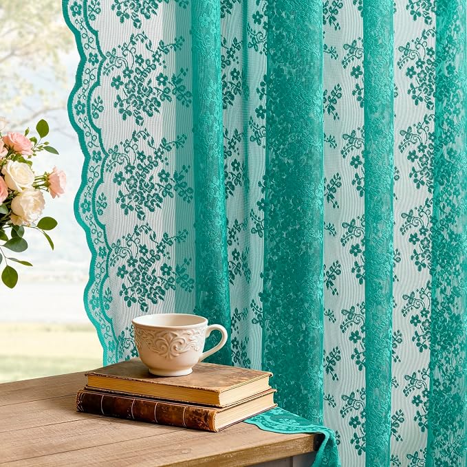 YJ YANJUN Vintage Lace Curtains 72 Inches Long-Victorian Floral Teal Sheer Curtain Panels for Living Room Bedroom Boho Farmhouse Shabby Chic Drapes Light Filtering 2 Panels 52W x 72L Dark Cyan