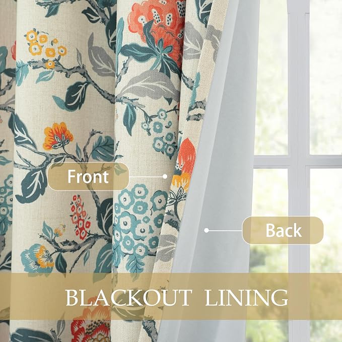 DriftAway Ada Floral Botanical Print Flower Leaf Lined Thermal Insulated Room Darkening Blackout Window Curtains 2 Layers Set of 2 Panels Each 52 Inch by 96 Inch Linen Orange Teal