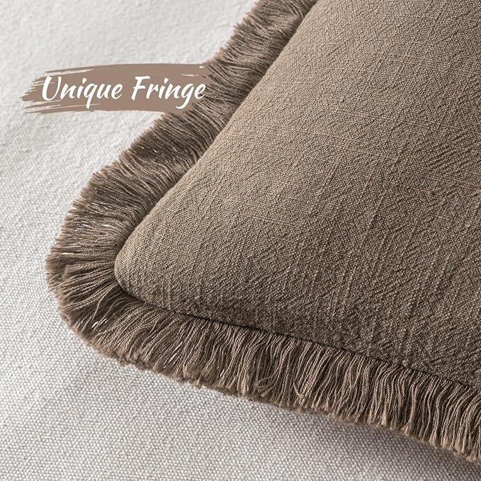 MIULEE Decorative Throw Pillow Covers Neutral Linen Fringe Throw Pillows Euro Shams Set of 2 Cocoa Brown Boho Farmhouse Cushion Covers for Couch Sofa Bed Living Room Fall Home Decor 24x24 Inch