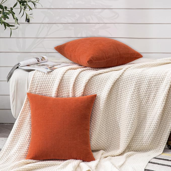 GAWAMAY Decorative Chenille Throw Pillow Covers 24x24 Inch Pack of 2, Soft Square Couch Pillow Cover for Sofa Cushion Living Room Bedroom Solid Dyed Pillowcases Burnt Orange 60x60cm (ONLY Covers)