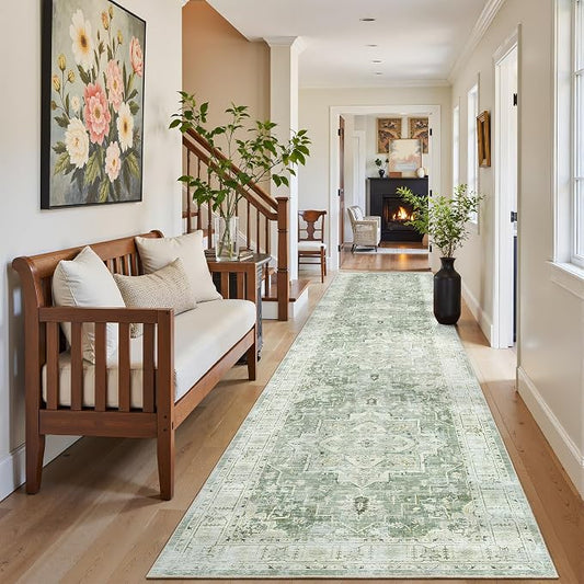 Madane Washable Runner Rugs 2x10 Long for Hallway Kitchen, Green/Ivory | Non-Slip Low-Pile 10ft Rug Runners Soft, Stain-Resistant Floor Carpet Mat for Entrance, Living Dining Laundry Room, Stair