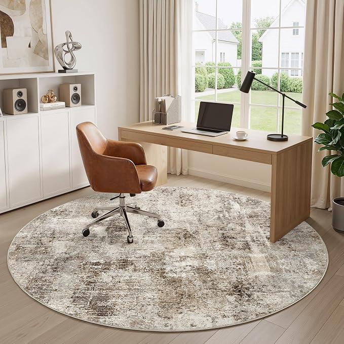 WITSHOCK Area Rugs 6ft Round Living Room Rug - Washable Neutral Soft Low Pile Non-Slip Modern Abstract Thin Large Indoor Carpet for Bedroom Dining Room Nursery Office - Dark Brown