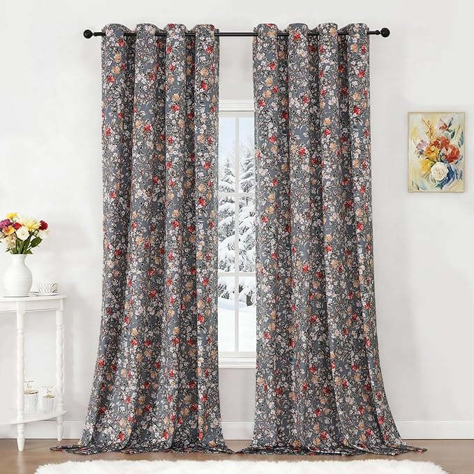 Estelar Textiler Grey Velvet Blackout Curtains 102 Inch Length for Living Room, Floral Printed Thermal Insulated Grommet Luxury Drapes for Bedroom Elegant Interior Decoration, Gray, 52Wx102L, 2 Panels