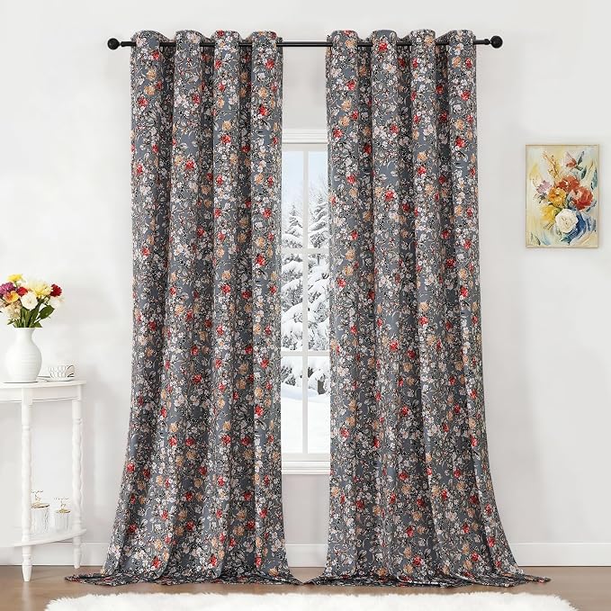 Estelar Textiler Grey Velvet Blackout Curtains 84 inch Long 2 Panels for Living Room,Thermal Insulated Boho Vintage Floral Gray Curtains,Luxury Room Darkening Window Grommet Drapes for Bedroom,52Wx84L