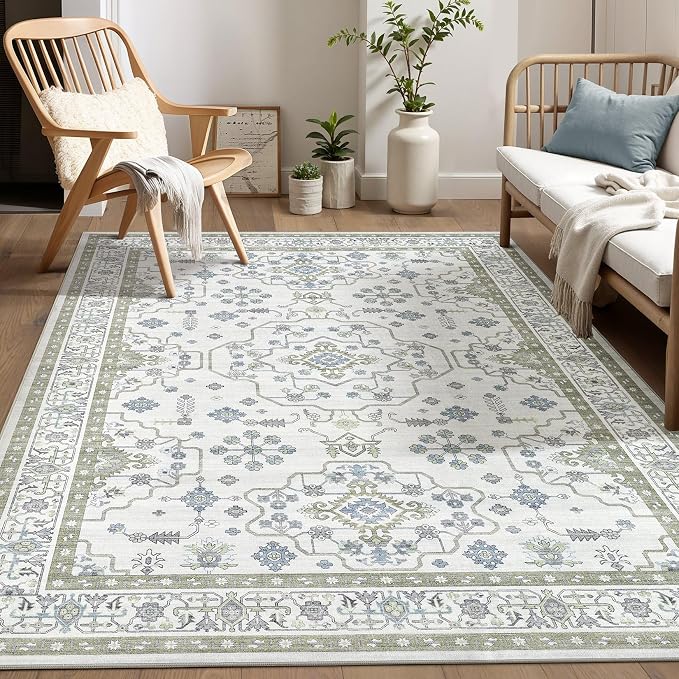 Area Rug 6x9 for Living Room - Washable Oriental Vintage Floral Distressed Large Indoor Carpets with Non Slip Back for Bedroom Dining Room Nursery Office Home Decor -Light Green