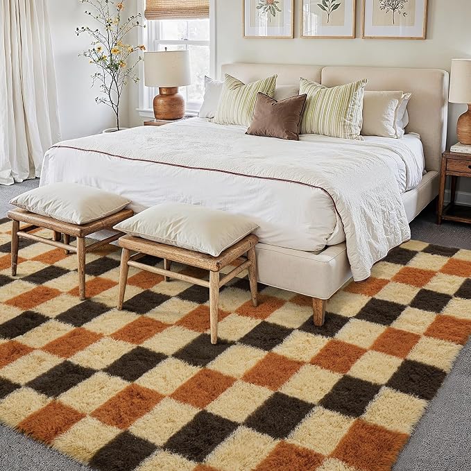 PureCozy Checkered Rug 5x8 for Living Room, Colorful Modern Shag Rug Super Soft Washable Indoor Fuzzy Carpet Non-Slip Fluffy Rugs for Bedroom Home Aesthetic Decor