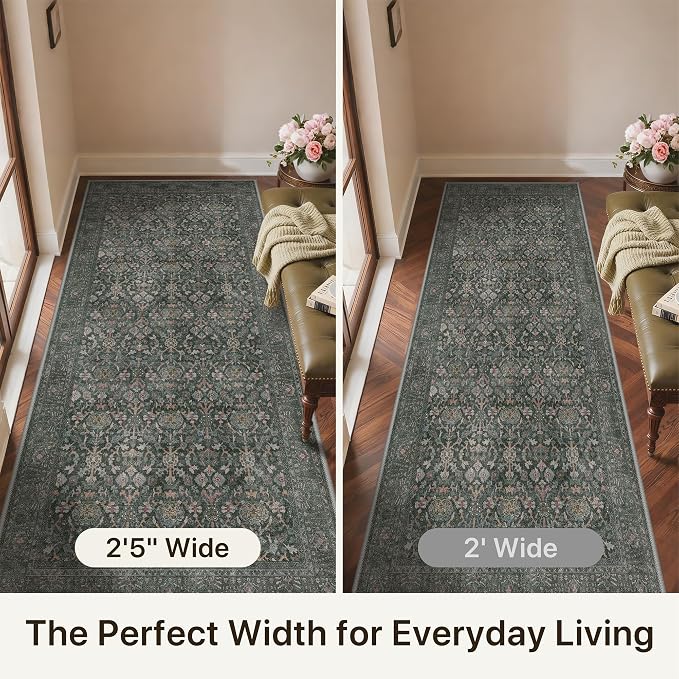 Bavni 2'6''x6 Rug Runners for Hallways, Washable Runner Rug Non Slip, Vintage Floral Print Style Rugs for Bedroom-Lightweight Low Pile Carpet for Hallways Bathroom, Dark Green
