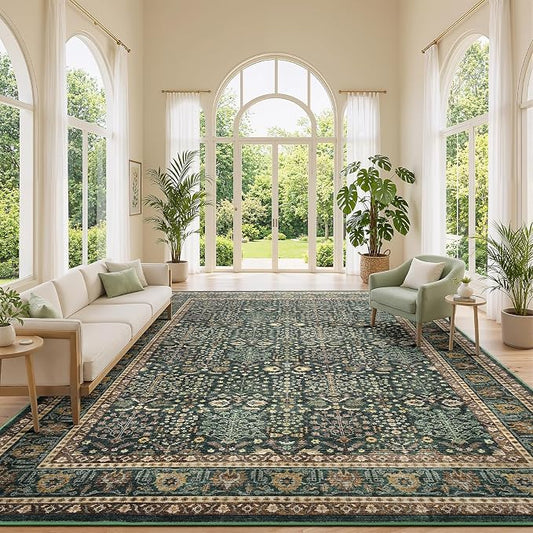 Lofus 9x12 Large Green Area Rug for Living Room & Bedroom Washable Non-Slip | Soft Boho Vintage Area Rugs for Bedroom Dinning Room Home Office Indoor