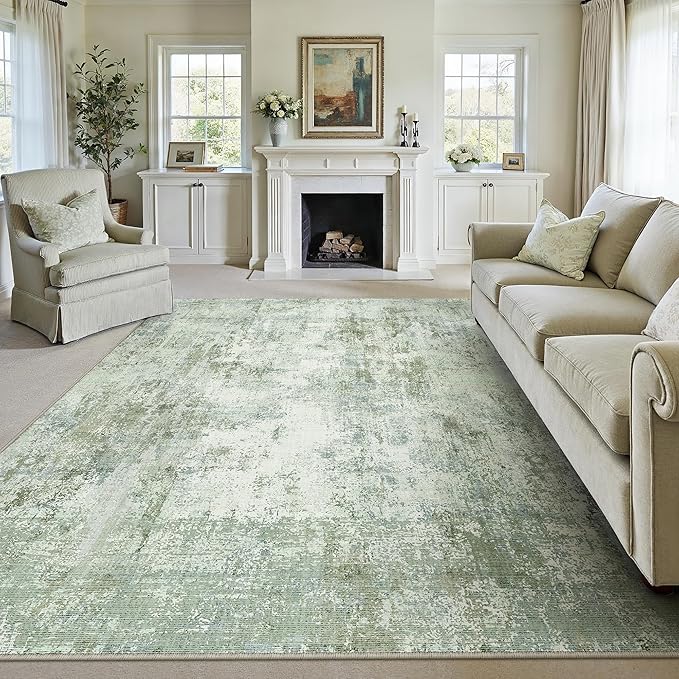 6x9 Washable Area Rug Sage Green Abstract Non Slip Soft Low Pile Rug for Living Room Bedroom Dining Room Office Neutral Modern Indoor Throw Carpet for Home Decor