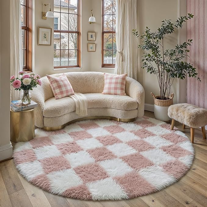 PureCozy Checkered Round Rugs 5ft for Living Room, Pink and White Modern Shag Rugs Super Soft Washable Fluffy Indoor Office Carpet for Bedroom Home Dorm Aesthetic Decor