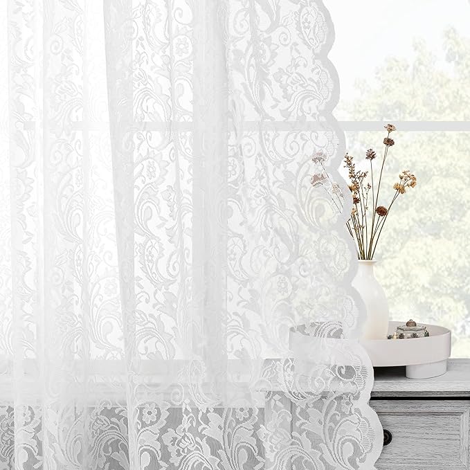 Bujasso White Lace Pinch Pleat Curtains 108 inch,Vintage Floral Sheer Drapes with Hooks & Rings, Victorian Damask Scalloped Edge Light Filtering Window Panels for Bedroom Living Room, 40" Wx108 Lx2