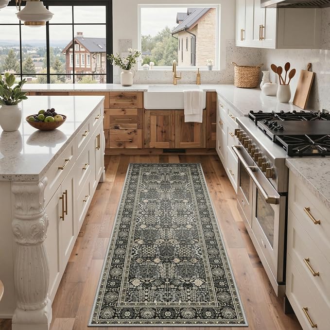 Bavni 2X6 Rug Runners for Hallways, Washable Runner Rug Non Slip, Vintage Floral Print Style Rugs for Bedroom-Lightweight Low Pile Carpet for Kitchen Bathroom,Black