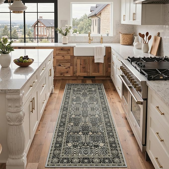 Bavni 2x5 Rug Runners for Hallways, Washable Runner Rug Non Slip,Vintage Floral Print Style Rugs for Bedroom-Lightweight Low Pile Carpet for Hallways Bathroom, Black