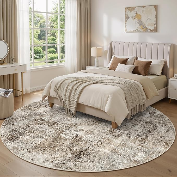 WITSHOCK Area Rugs 8ft Round Living Room Rug - Washable Neutral Soft Low Pile Non-Slip Modern Abstract Thin Large Indoor Carpet for Bedroom Dining Room Nursery Office - Dark Brown