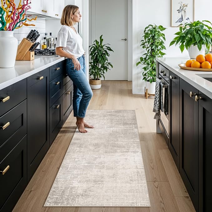 Washable 2x6 Thin Runner Rug: Abstract Soft Entryway Doormat Water-Resistan Hallway Bathroom Kitchen Carpet with Non-Slip Backing Modern Living Room Bedroom Decorative Carpet（2x6,Beige/Cream）