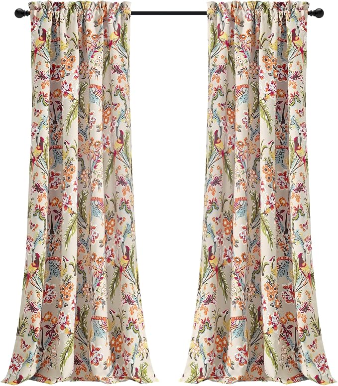 Lush Decor Dolores Light Filtering Window Panels, Pair, 52" W x 84" L, Neutral & Multi - Floral Curtains for Bedroom - Vintage Curtains - Coquette Room Decor
