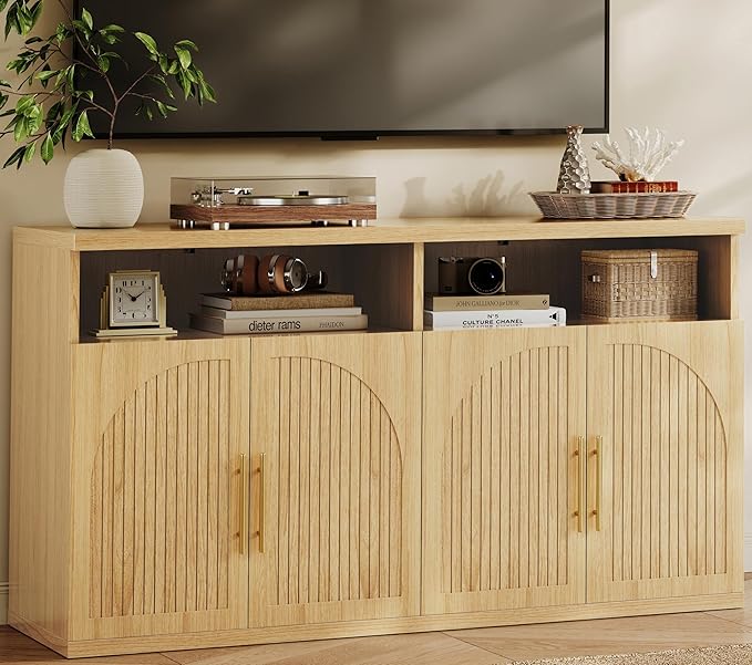 Fluted Buffet Cabinet with Storage, 63" Wide Wood Sideboard Credenza with 4 Doors & Open Storage Shelf, Modern Kitchen Entryway Accent Table for Dining Room Living Room, Kitchen, Hallway, Oak