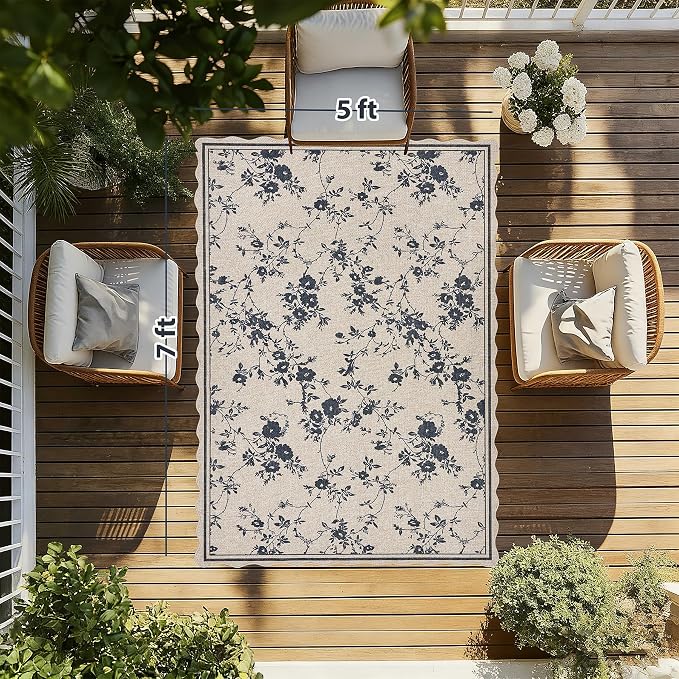ORTIGIA Scalloped Easy Jute 5x7 Area Rug Vintage Black Floral Farmhouse Washable Rug Non-Slip Indoor Outdoor Carpet for Living Room Bedroom Patio Entryway