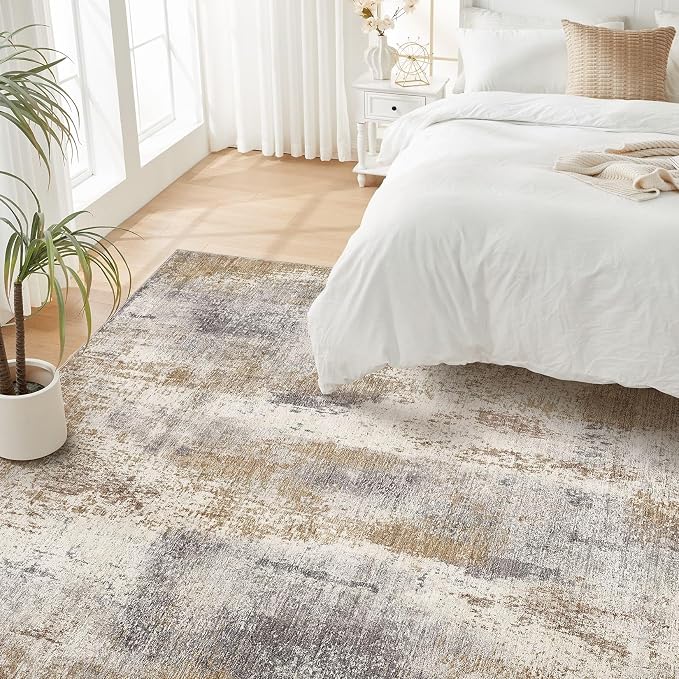 DMOYEST Area Rug Living Room Rugs - 10x12 Washable Large Soft Indoor Neutral Modern Abstract Low Pile Rug Carpet for Bedroom Dining Room Farmhouse Home Office - Brown Grey