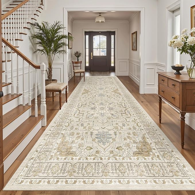 Madane 4x10 Wide Hallway Runner Rug Washable for Living Room, Beige/Blue | Soft Stain Resistant Ktichen Runners 10ft, Vintage Non Slip Low Pile Area Rugs, Thin Floor Carpet for Bathroom Dining Bedroom