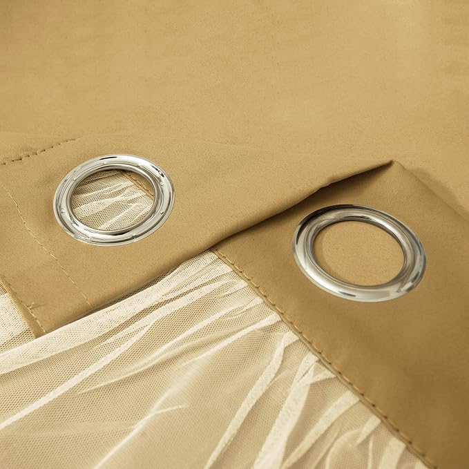 INLINAS Gold Blackout Curtains with Sheer Overlay - Grommet Top Thermal and Noise Reduction Panels for Bedroom and Living Room Light Blocking and Energy Saving, 37 x 72 Inches, Set of 2