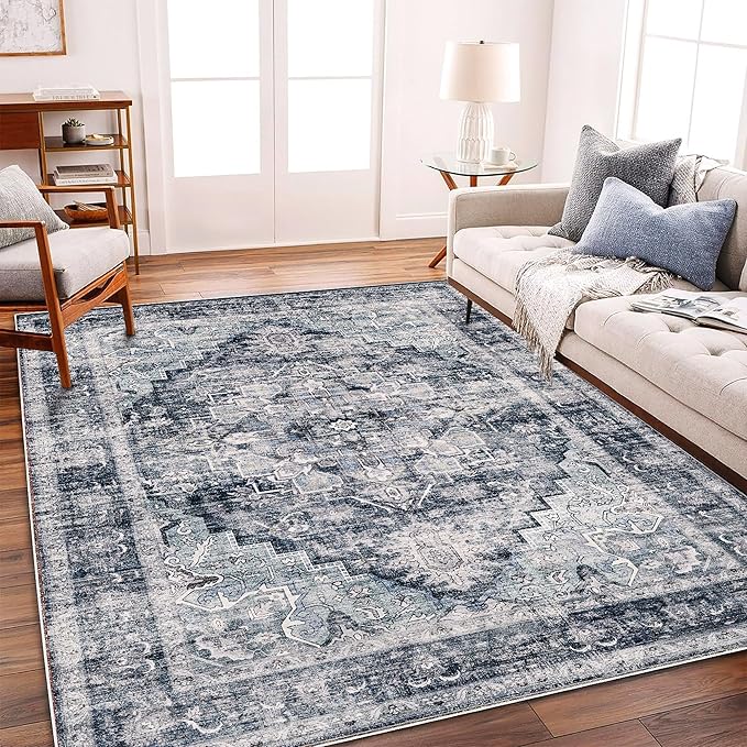 CHAMPLANT Washable Area Rug 10'x14' Dark Blue Retro Flowers Boho Design Non-Shedding Easy Care Ideal for High Traffic Areas in Living Room Bedroom Office Coffee Table Kitchen Large Carpet