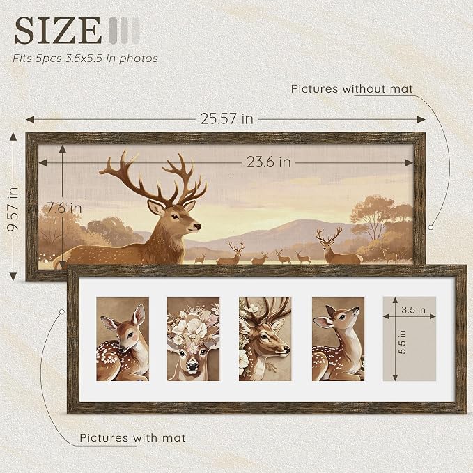 Picrit 8x24 Wooden Brown Rustic Collage Picture Frame 3 Pack, Fits Five 4x6 Photos or One 8x24 Picture, Gallery Frame Set - Poster Frames for Horizontal or Vertical Display