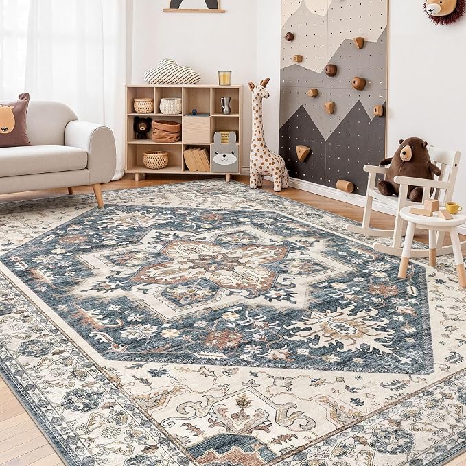 10x12 Area Rug for Living Room- Machine Washable Soft Oriental Vintage Large Indoor Floor Carpet for Bedroom Under Dining Table Home Office Decor - Vintage Blue