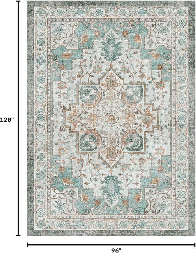 GENIMO 8x10 Area Rugs for Living Room, Machine Washable Non Slip Vintage Rugs, Low Pile Lightweight Print Rug for Bedroom, Dining Room, Home Office, Cyan