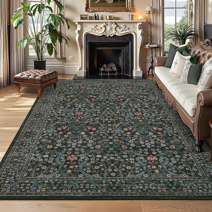 GarveeHome Washable Rug for Living Room, 8x10 Large Area Rug for Dining Room Under Table, Bedroom, Floral Soft Low Pile Non Slip Stain Resistant Carpet for Nursery, Playroom, Office, Dark Black