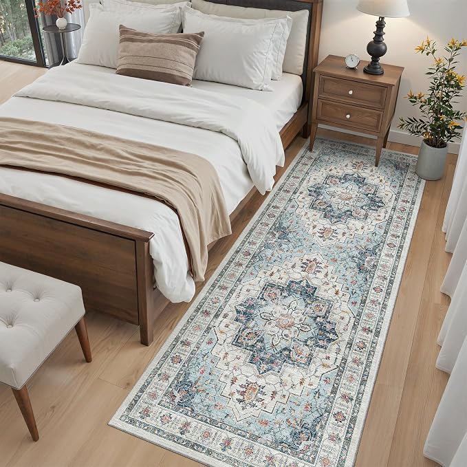 Madane Hallway Runner 3x8, Kitchen Rugs Washable Entry Rug, Blue | Vintage Non Slip Entryway Indoor Area Rugs, Soft Low-Pile Farmhouse Wide Carpet Runners for Bathroom Living Room Bedroom