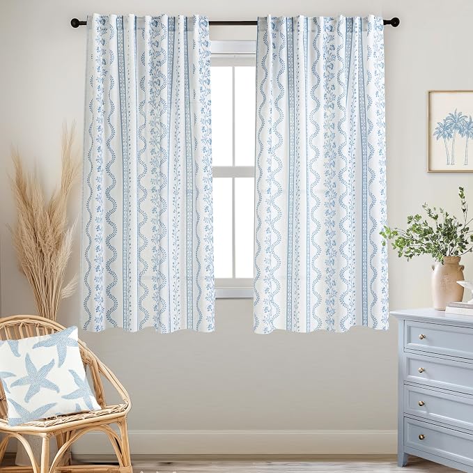 Light Blue and White Chinoiserie Curtains 63 Inch Length for Living Room, Summer Floral Striped Light Filtering Sheer Drapes 2 Panels Set