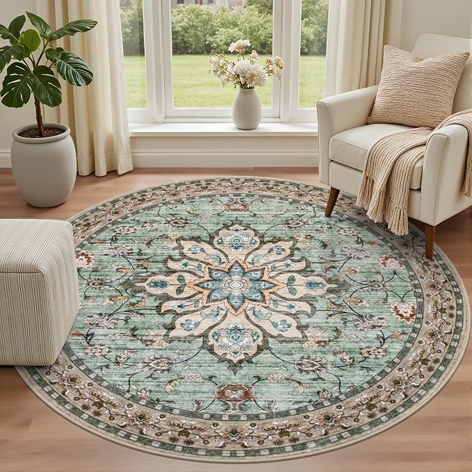 Round Area Rug for Living Room: 8 ft Washable Vintage Boho Soft Thin Circle Rug Indoor Floor No Slip Stain Resistant Carpet for Bedroom Dining Room Farmhouse Nursery Home Office - Brown Green