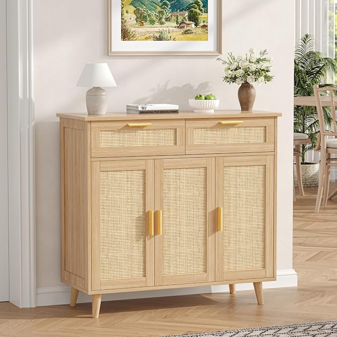 Akxomel Rattan Sideboard Buffet Cabinet with Storage, 35.4" W Buffet Cabinet with 2 Drawers and 3 Doors, Sideboard Storage Cabinet with Adjustable Shelves for Kitchen, Living Room, Natural Oak