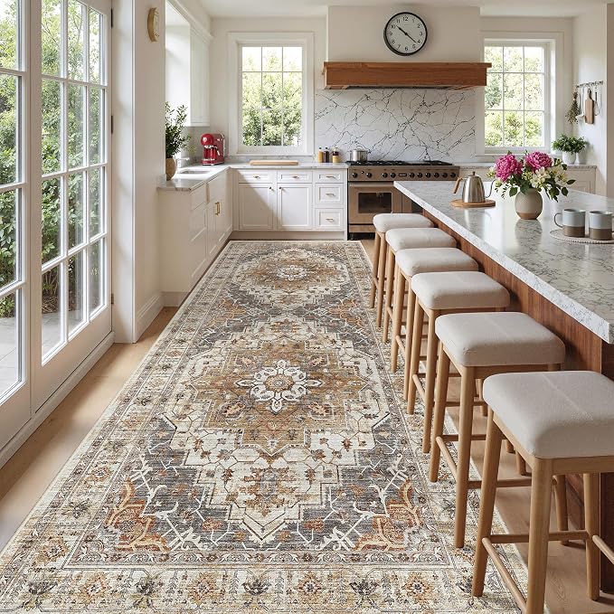 Madane 4x10 Wide Hallway Runner Rug Washable for Living Room, Turmeric/Grey | Soft Stain Resistant Ktichen Runners 10ft, Vintage Non Slip Low Pile Area Rugs, Thin Floor Carpet for Bathroom Dining Bedroom