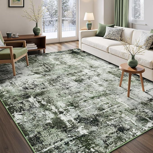 Rugflix 5x7 Area Rugs for Living Room, Washable Large Rug Stain-Resistant Low Pile, Modern Dark Carpet for Dining Room Home Office Kid Room Nursery Bedroom, Dark Green