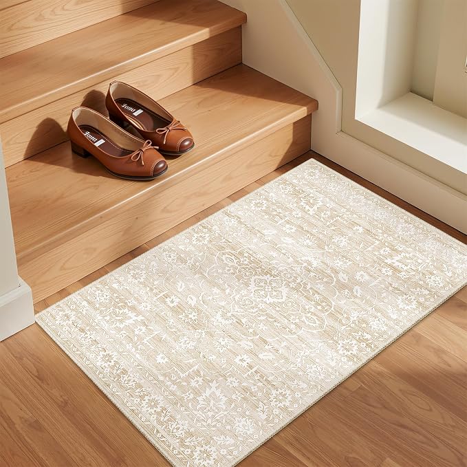 Soalmost 2x3 Area Rugs for Entryway, Washable Neutral Soft Rug Beige | Vintage Floral Low Pile Non-Slip Throw Rugs, Accent Rug Floral Indoor Mat for Bedside Living Room Kitchen Bedroom 2'x3'