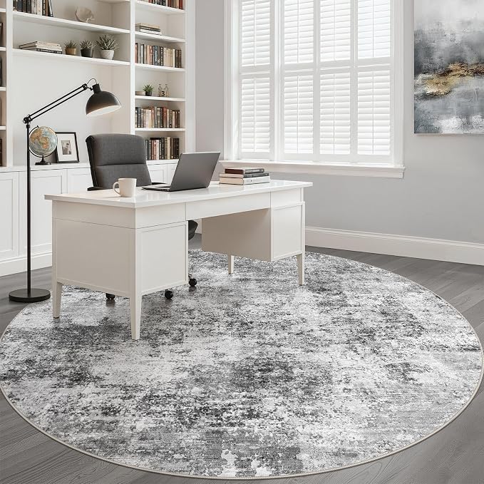 10ft Round Rug Living Room: 10x10 Washable Large Neutral Circle Area Rug Abstract Soft Modern Stain Resistant Indoor Floor Non-Slip Carpet for Bedroom Nursery Kids Office Playroom- Black Gray