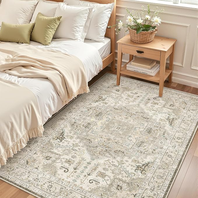Madane Area Rug 3x5, Washable Vintage Entry Rugs for Bedroom, Ivory/Brown | Vintage Entryway Bedroom Non Slip Door Mat Indoor Entrance, Kitchen Runner Living Room Laundry Playroom Soft Floor Carpets