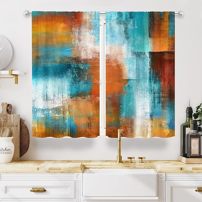MESHELLY Teal Grey Kitchen Curtains 27.5Wx39H Inch Rod Pocket Square Geometric Checkered Blocks Contemporary Oil Paint Bedroom Window Drapes Colorful Aesthetic Printed Living Room Window Treatment