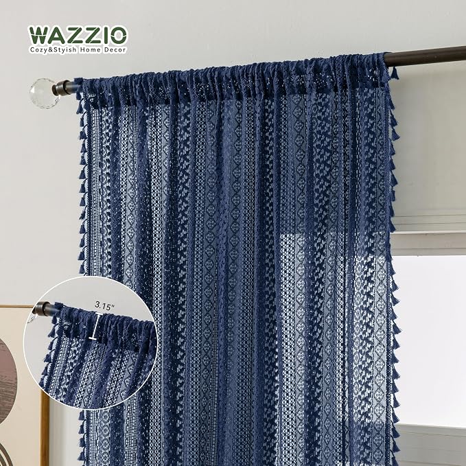WAZZIO Boho Lace Curtains 84 Inches 2 Panel,Light Filtering Privacy Tassel & Geometry Crochet Semi Sheer Curtain Drapes for Bedroom Living Dining Room,Rod Pocket & Tassel,Navy Blue