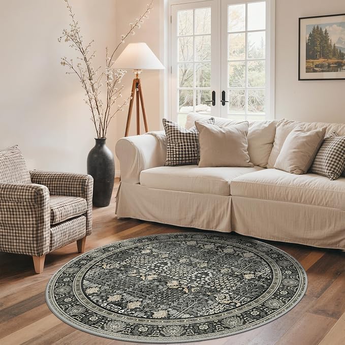 Bavni Round Rug 5FT-Machine Washable Area Rugs Non-Slip for Bedroom, 5x5 Vintage Floral Rug Distressed Throw Carpet for Living Room Nursery Kitchen Bathroom, Black