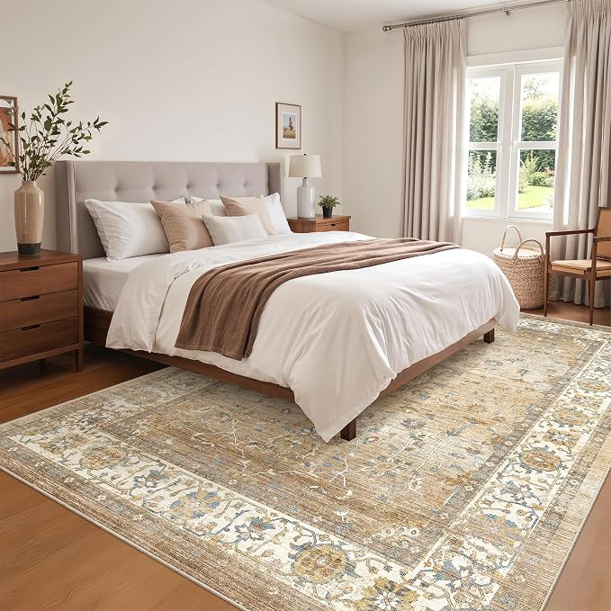 befbee 5x7 Area Rugs for Living Room,Stain Resistant Washable Rug,Non-Slip Backing Rugs for Bedroom,Kitchen,Printed Vintage Home Decor Rug (Apricot/Blue, 5'x7')