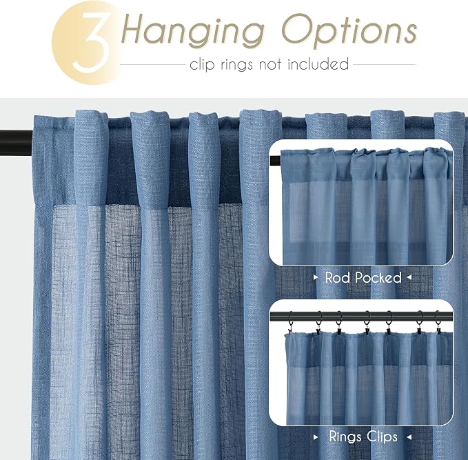 Denim Blue Curtains for Living Room Back Tab Modern Farmhouse Semi Sheer Blue Curtains 86 inches Long 2 Panels Set Muted Neutral Window Curtain for Dining Room Bedroom 52x86