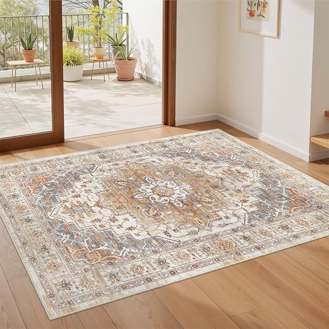 befbee 4x6 Rugs for Living Room Bedroom,Non-Slip Washable Rug,Stain Resistant Lightweight Area Rugs for Dining Room,Ultra-Thin Indoor Floor Carpet (Turmeric/Grey, 4'x6')