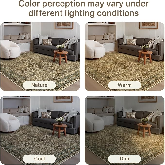 Bavni Washable Rugs 6x9 Machine Washable Rug Lightweight Low Pile, Vintage Floral Rug Non-Shedding Distressed Throw Carpet for Living Room Bedroom Office, Green