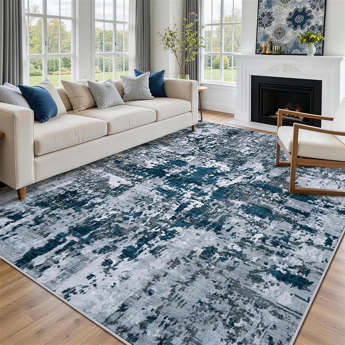 10x14 Area Rugs for Living Room Rug Washable: Abstract Large Rug Indoor Modern Carpet Non Slip for Dining Room Bedroom Nursery Home Office Navy Grey