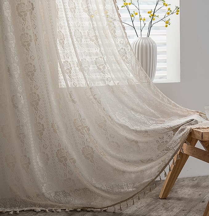 Sutuo Home Crochet Boho Curtains Rose Florals Embroidery, Sheer Lace Handmade Tassels Knitted Window Treatment Vintage Rustic Bohemian Farmhouse Drape for Bedroom Rod Pocket 1 Panel 59" W x 84" L