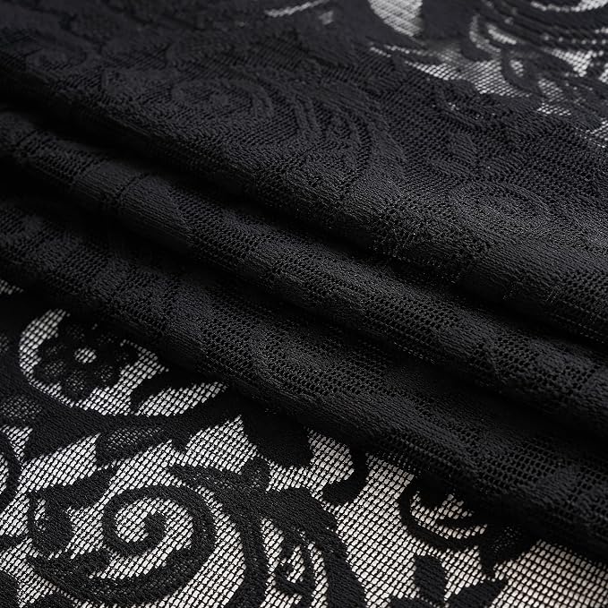 ALIGOGO Black Sheer Curtains 80 Inch Length 2 Panels - Luxury Floral Lace Curtains for Home Office Doorway, Dark Academia Rod Pocket Gothic Scalloped Edges Halloween Party Decor, 52W x 80L Inch